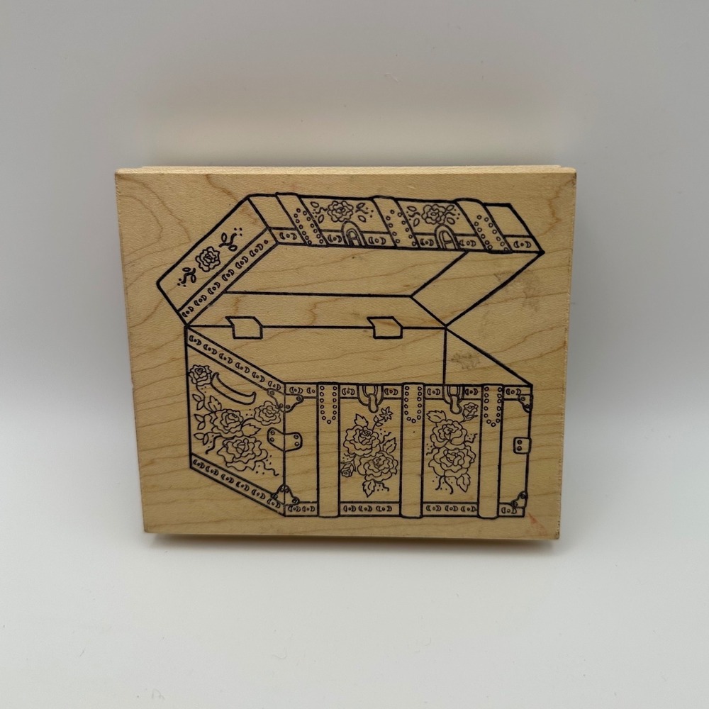 Great Impressions J19 Floral Treasure Chest Vintage 90s Wood Mount Rubber Stamp
